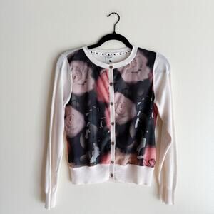 Yumi Rose Print + Cream Long Sleeve Button Up Cardigan Sweater Small Garden Tea